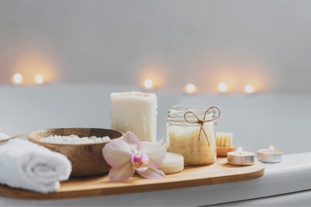 Date ideas: Couples Spa – setting up aromatic oil, dim candle lights, fragrant petals for couple sharing bath together.